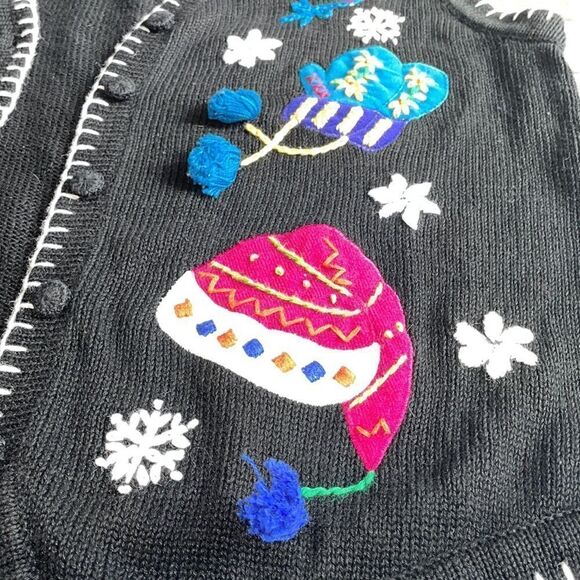 B P Design Black Knit Crochet Christmas Sweater Vest L/G mittens snowflakes - Picture 3 of 11